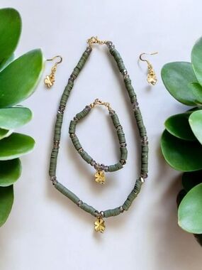 Olive Green Bead Necklace & Bracelet Set with Gold Leaf Charms